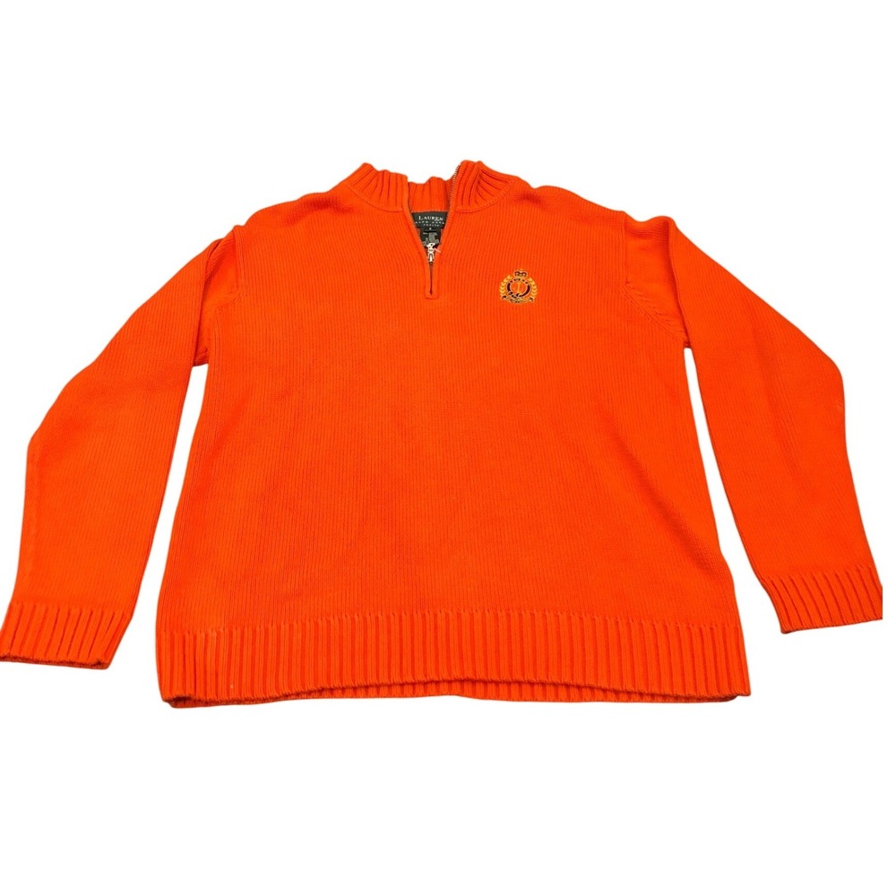 Lauren Ralph Lauren Sweater Women S Petite Orange Quarter Zip Crest Cotton Knit - Picture 1 of 8
